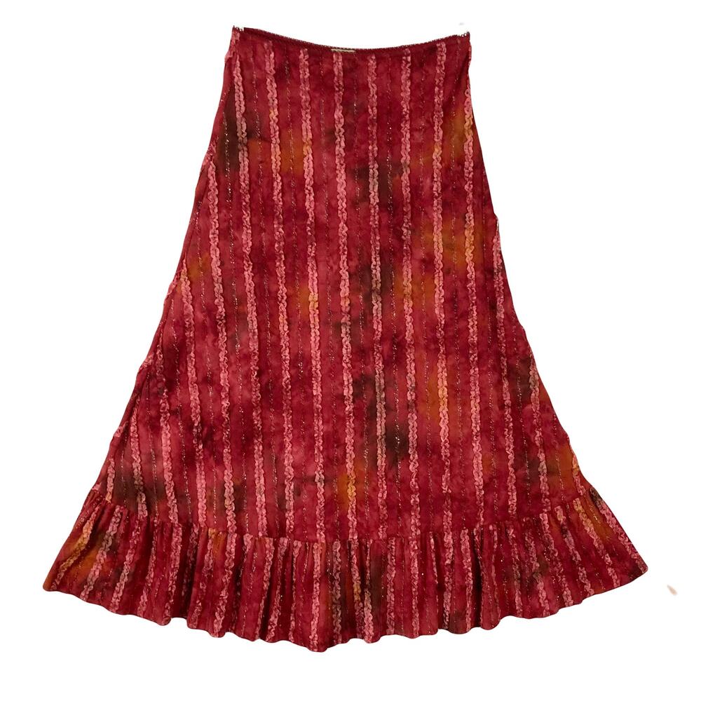 NWOT PETIT POIS Skirt S Red Tie-Dye Ruffle-Metallic-Sparkle-Stripe A-Line Tiered